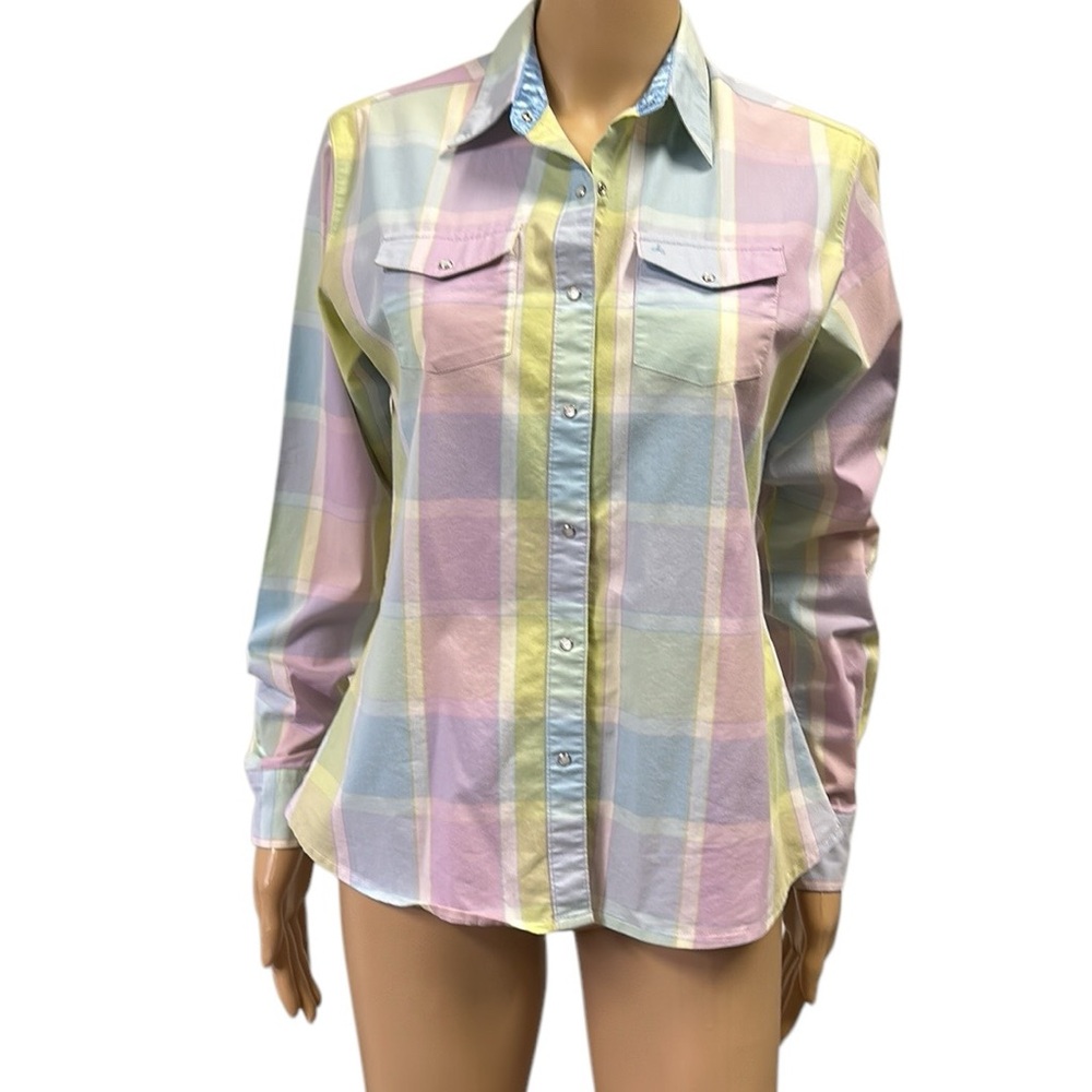 Aura Western Cowgirl Pearl Snap Up Long Sleeve Pastel Plaid Pocket Shirt Small